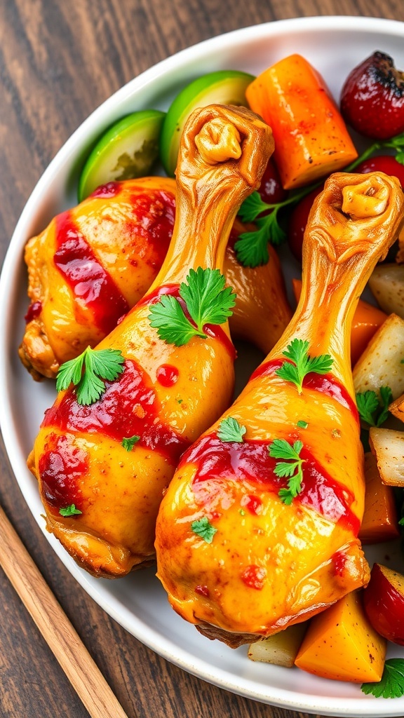 Zesty Italian chicken drumsticks on a plate garnished with parsley, served with salad and roasted vegetables.